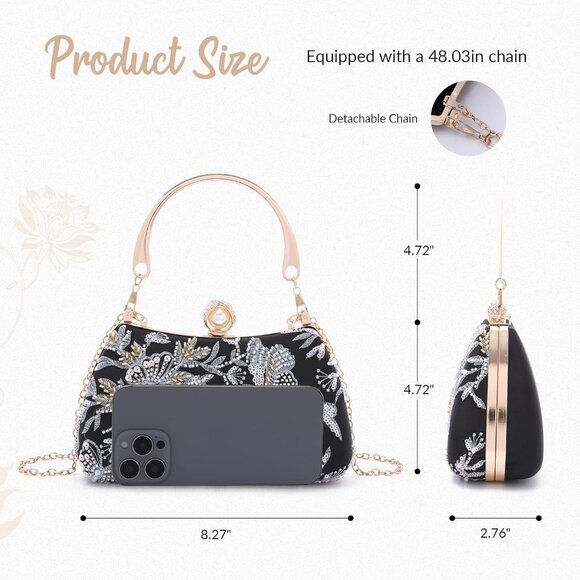⚡ Women's Floral Sequin Black Embroidery Evening Beaded Clutch Handbag - Picture 4 of 7